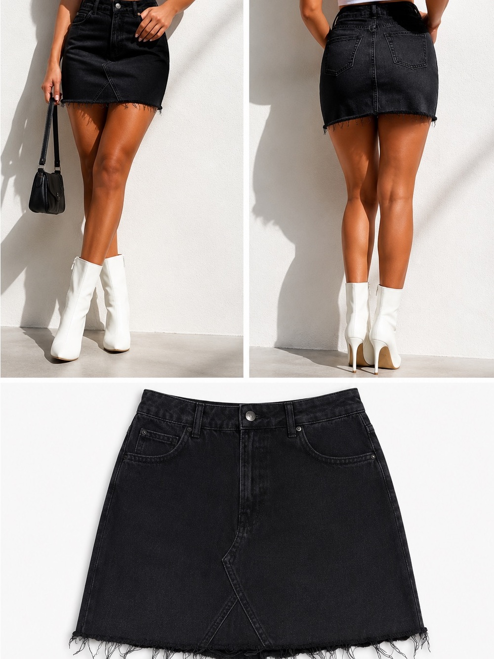 Black Denim Mini Skirt with Raw Hem